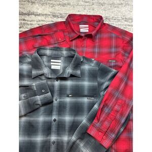 Columbia Button Down Shirt Mens L Red Grey Plaid Omni-Wick Omni-Shade Lot of 2